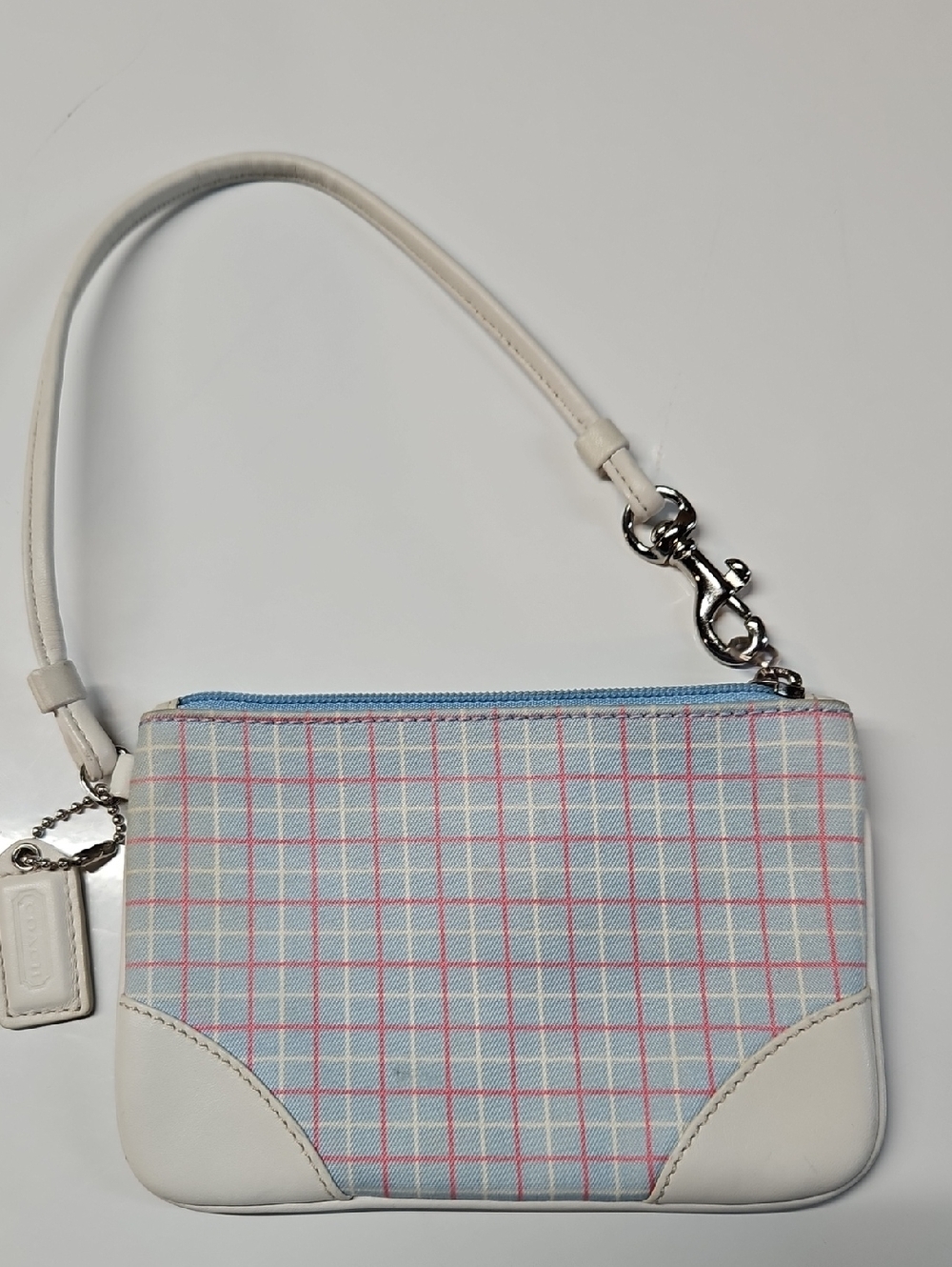 Coach Pastel Plaid Wristlet in White, Blue & Pink